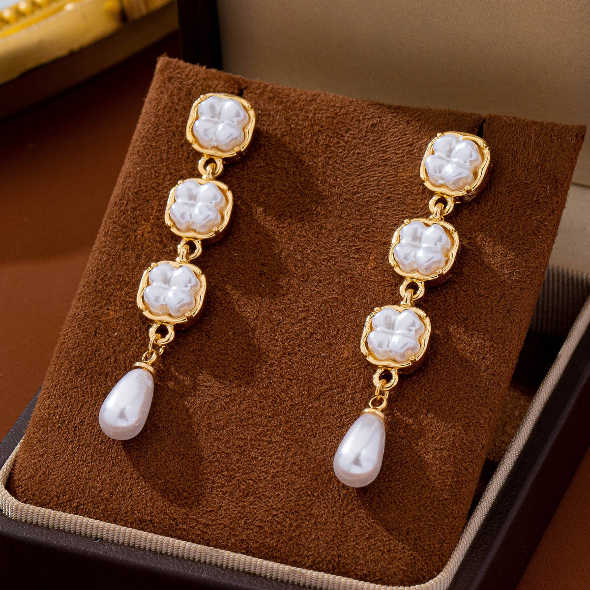 Pearlized Square Link Teardrop Earrings