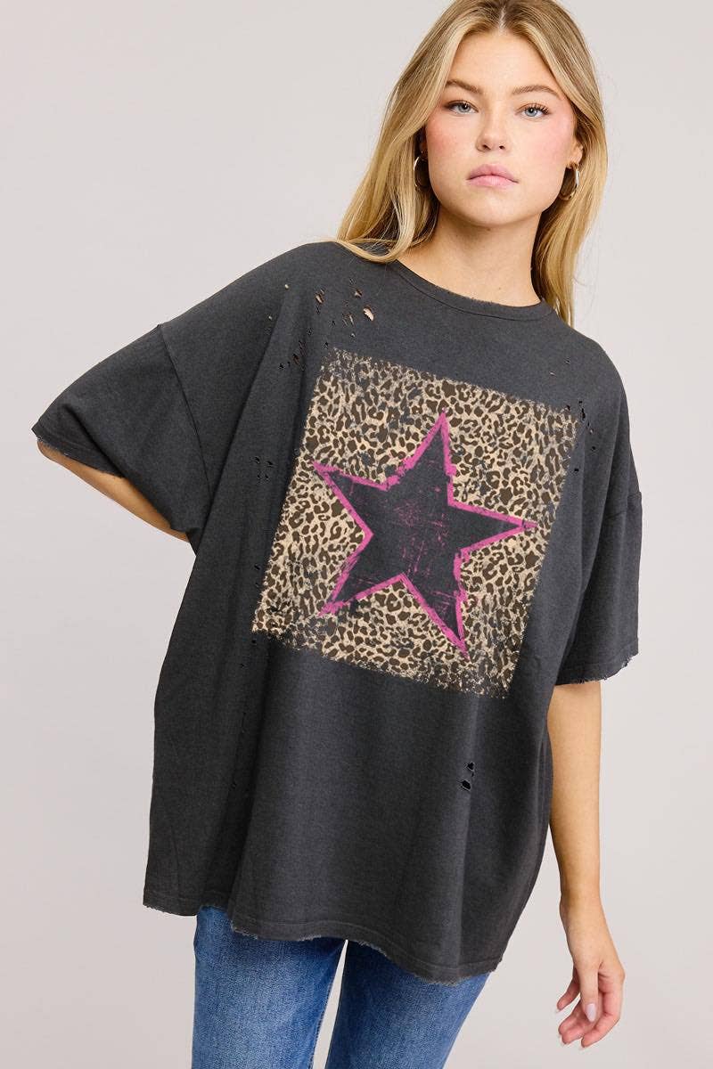Vintage Leopard Star Graphic S/S Oversized Seamless Tee: PEACH