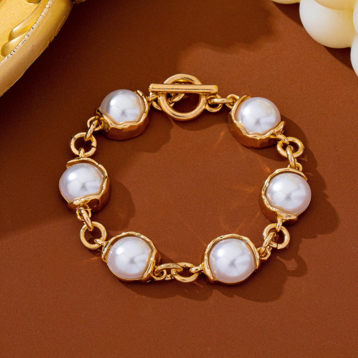 Bezel-Set Pearl Gold Toggle Bracelet