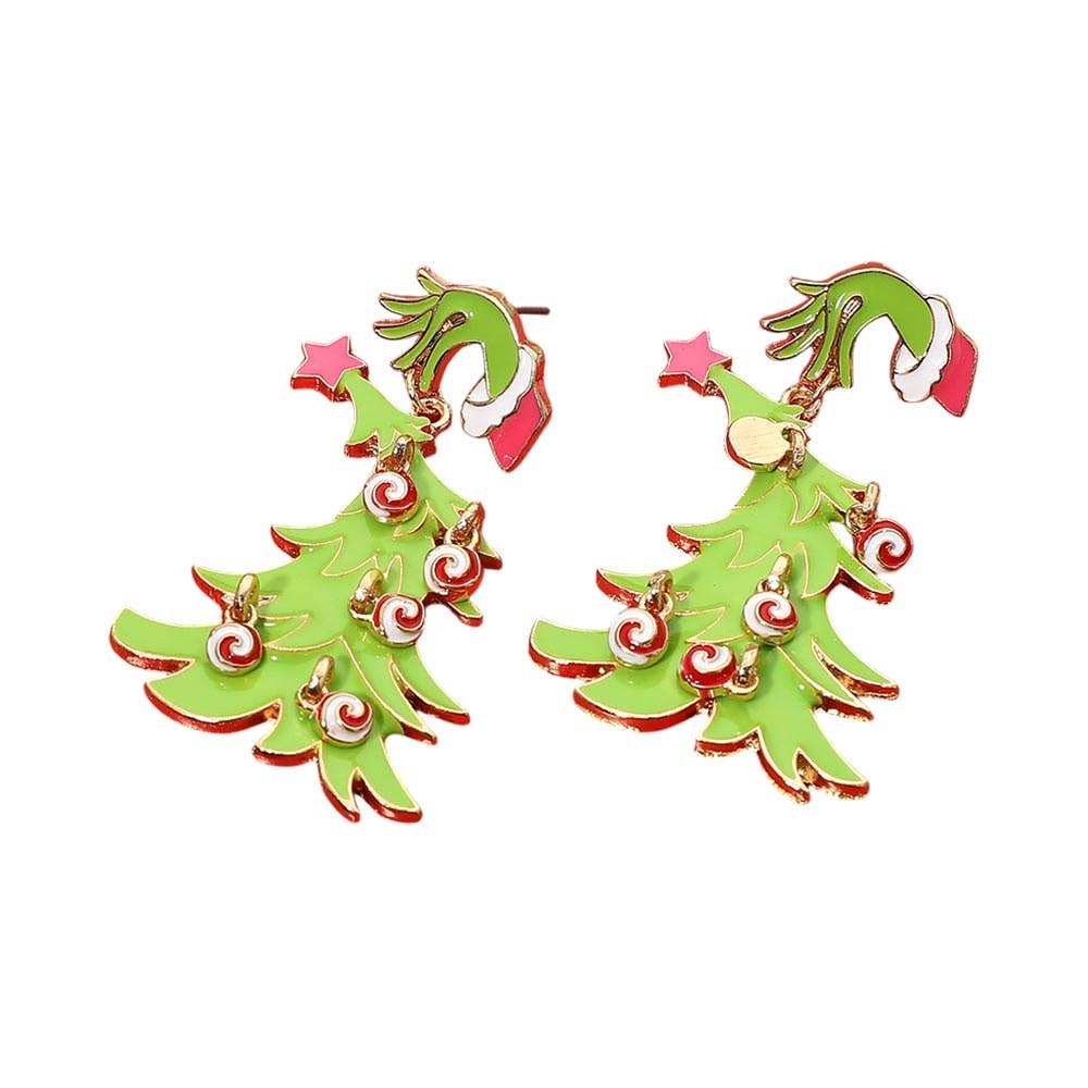 Grinch Hand Christmas Tree Drop Dangle Earrings
