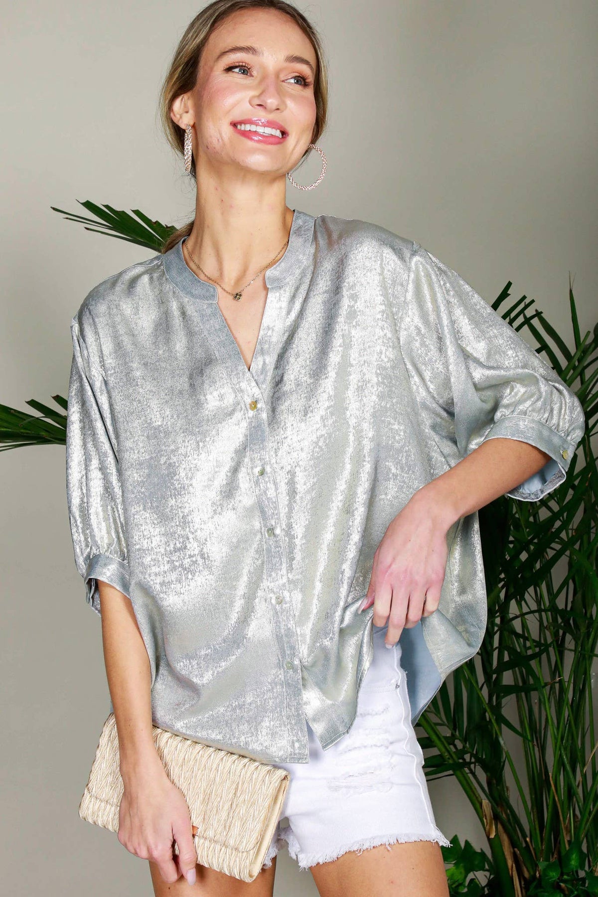Henley Neckline Metallic Woven Top Gold
