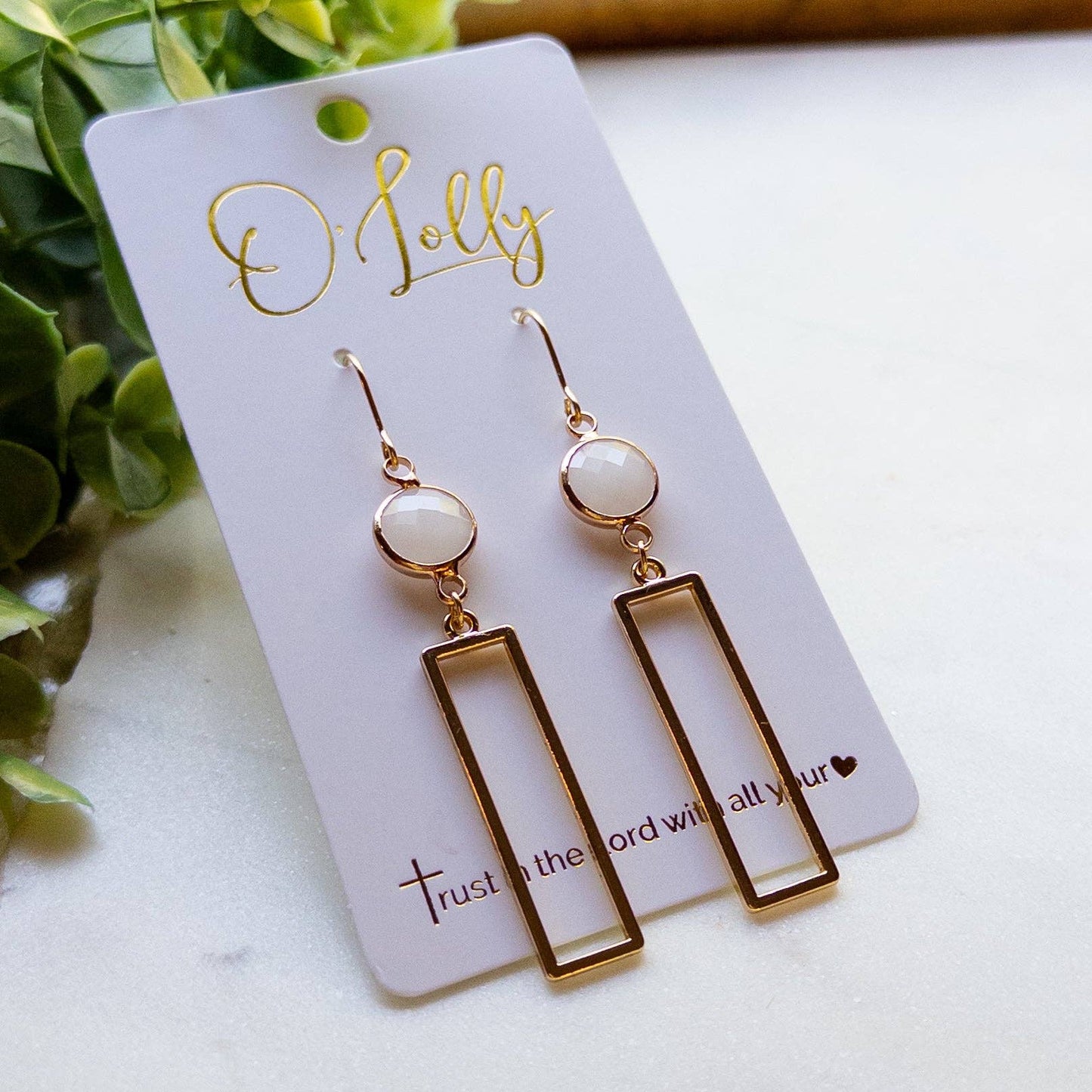 Opal Rectangle Dangle Earrings – Gold Geometric Earrings “Opie”