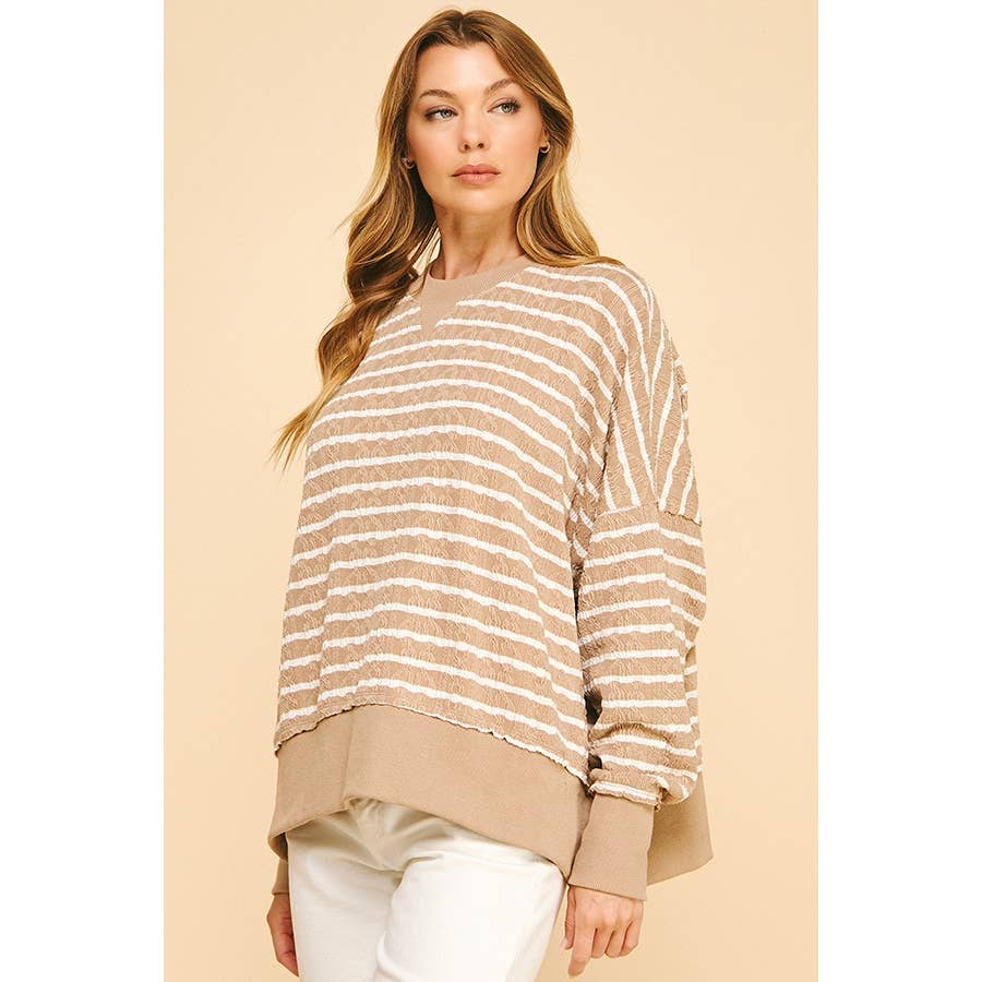 Relaxed Fit Textured Striped Pullover Top: Brown