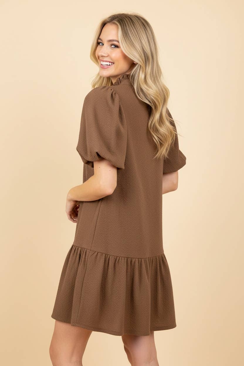 Textured Puff Sleeve Tiered Mini Dress: BROWN