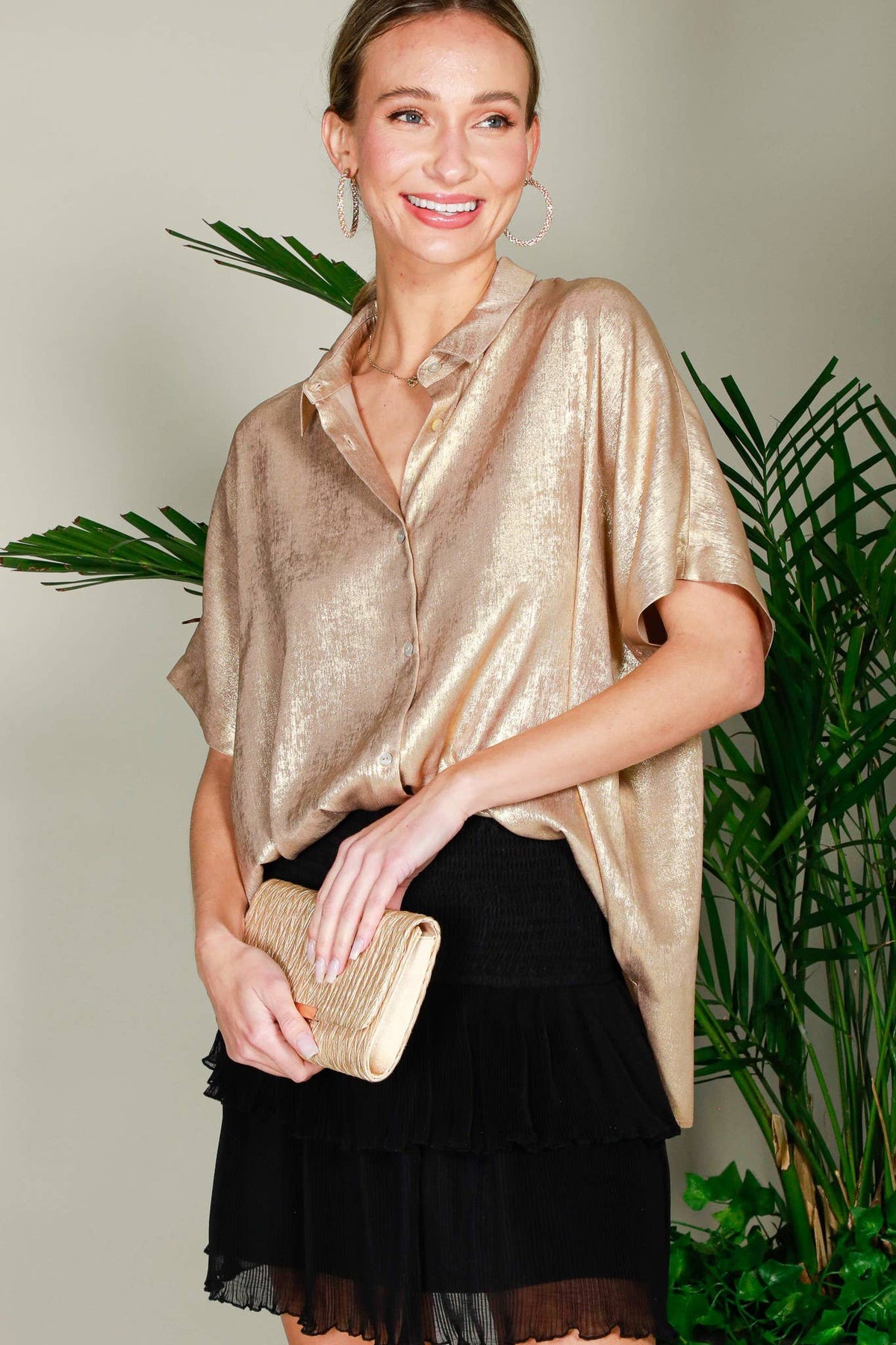 Collared Neck Button Down Metallic Woven Top Gold