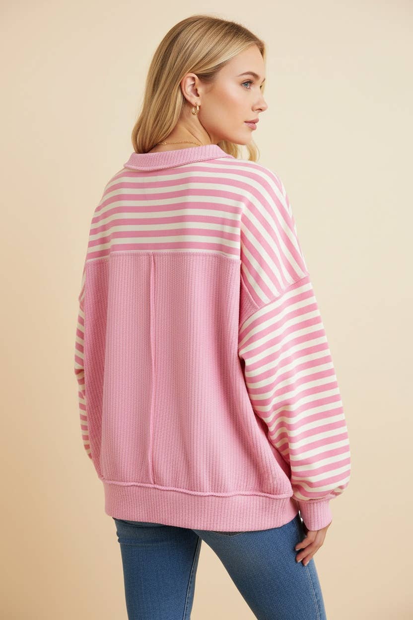 HT20276 Striped Drop-Shoulder Pullover Sweatshirt: CREAM/OLIVE / 3-2-1(1X-2X-3X)