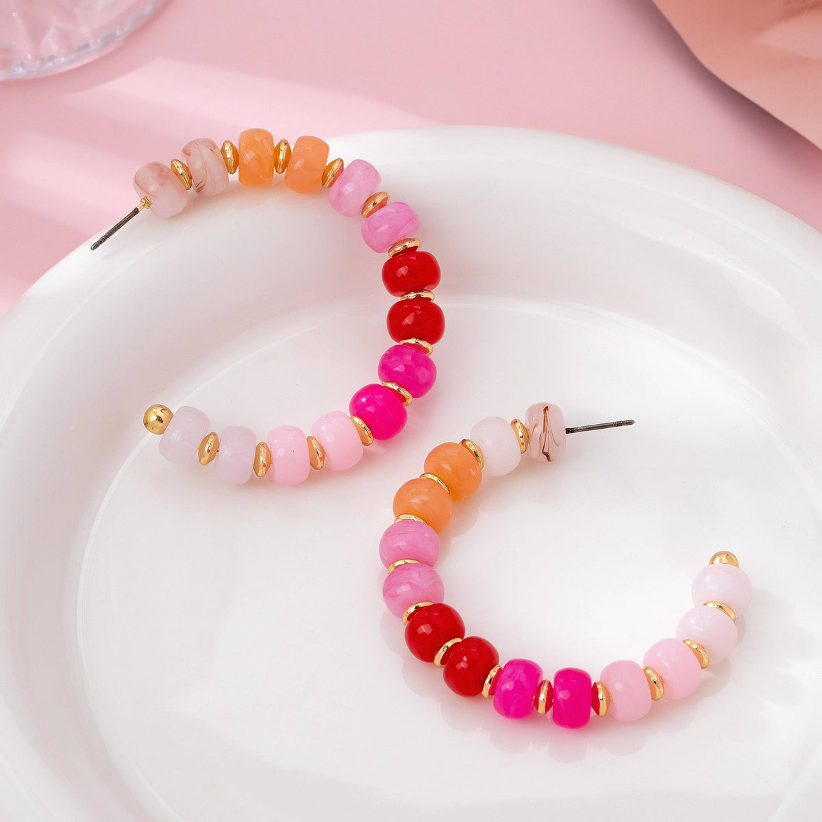 Rainbow Beaded Hoop Earrings Gold