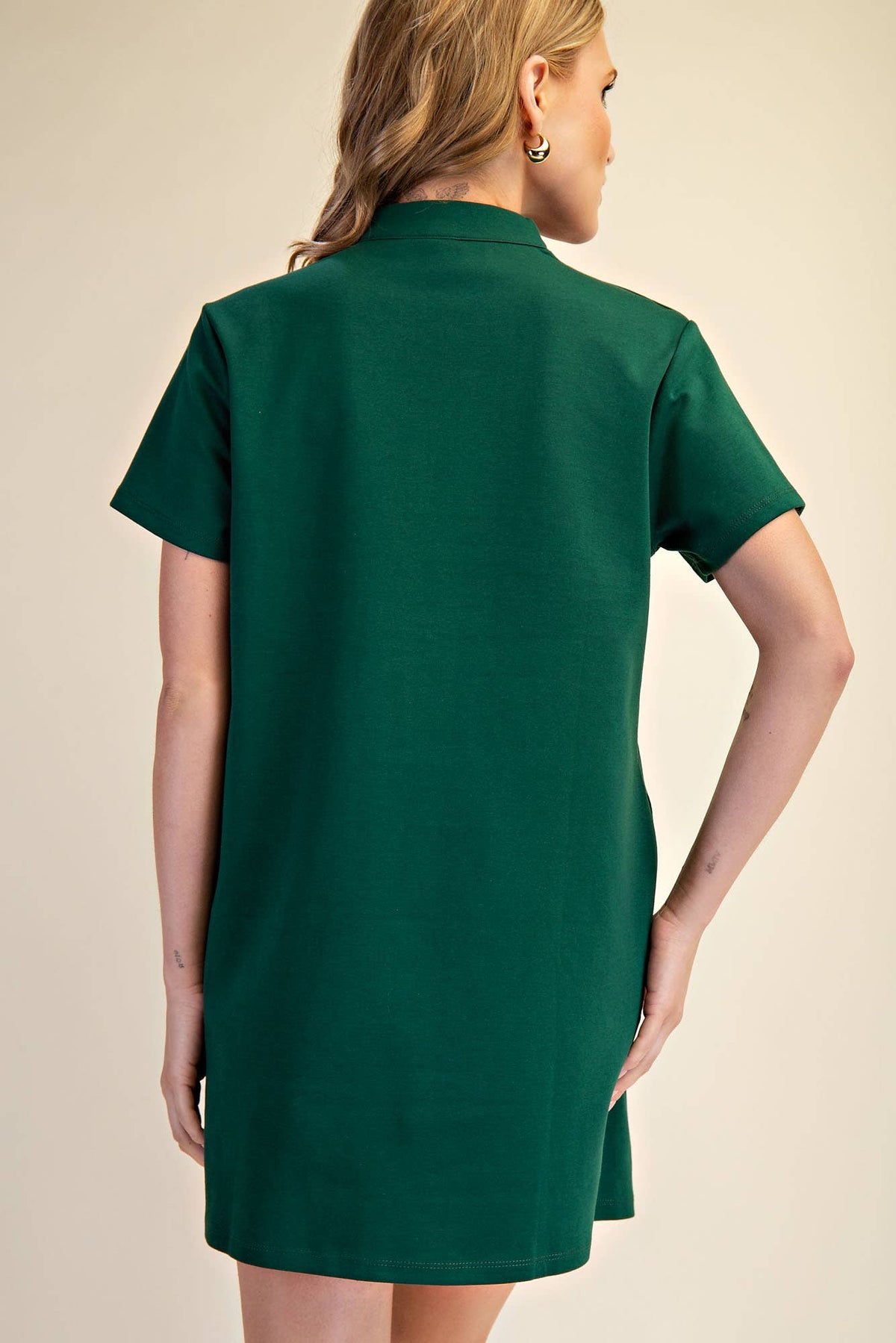 Stand Collar V-Neck Slit Dress: Hunter Green