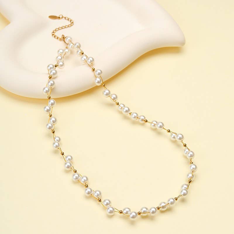 Faux Baroque Pearl & Gold Wire Station Necklace
