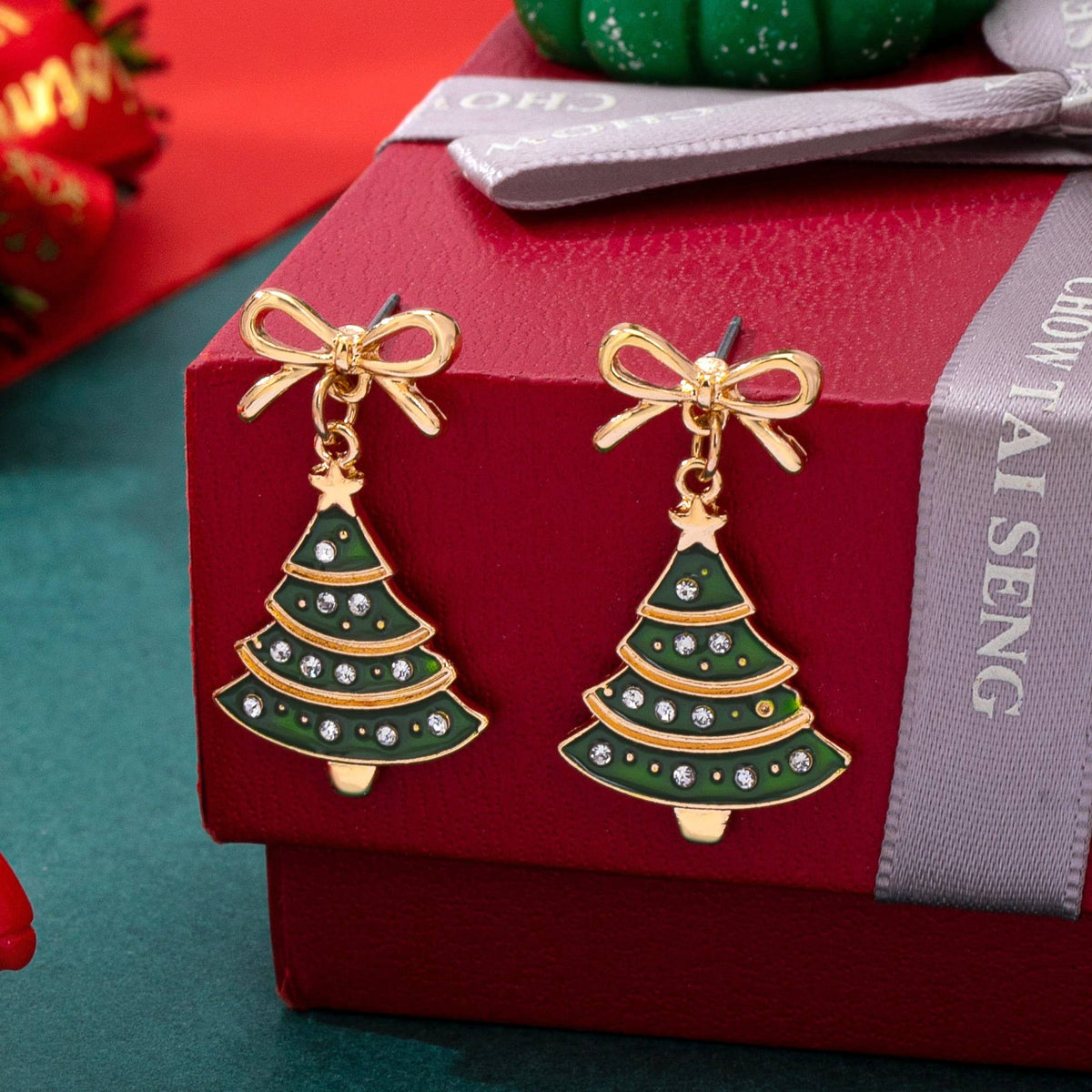 Christmas Tree & Bow Dangle Earrings