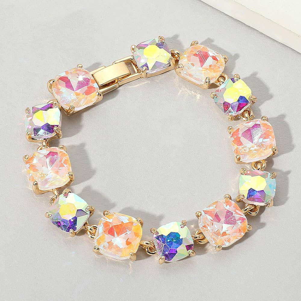 Cushion Square Stone Link Evening Bracelet: Red
