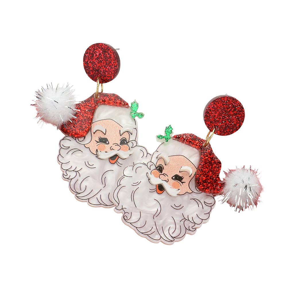 Glittered Resin Pom Santa Dangle Earrings: Red