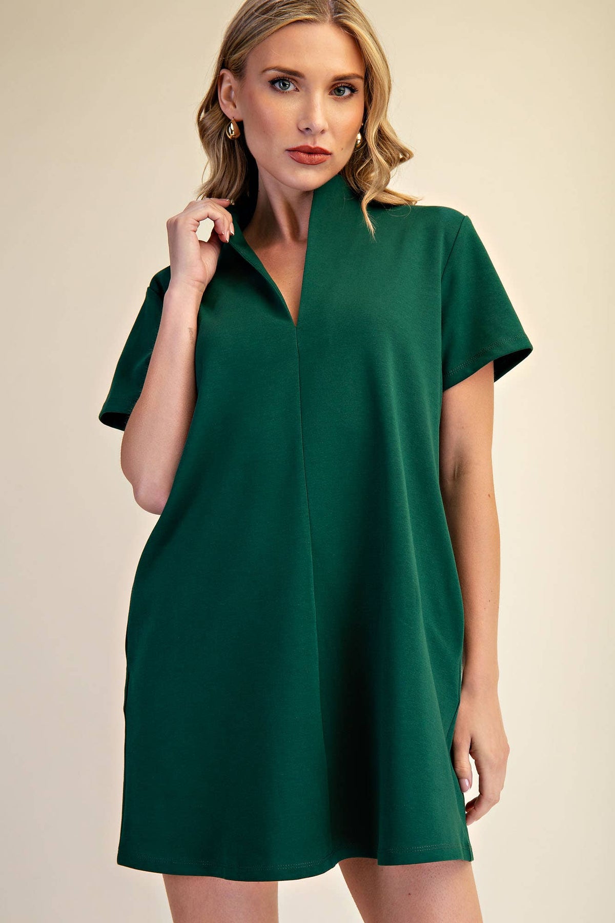 Stand Collar V-Neck Slit Dress: Hunter Green