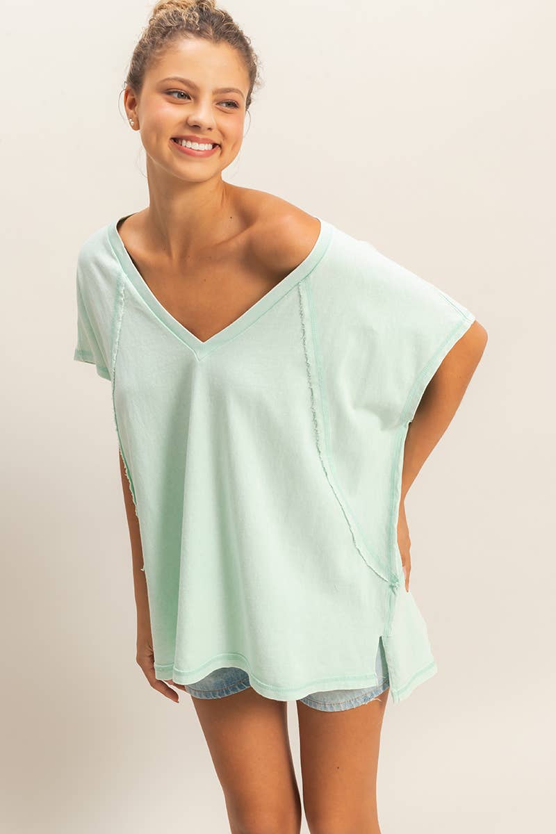 Oversized V-Neck Mineral Washed Top: DARK TEAL