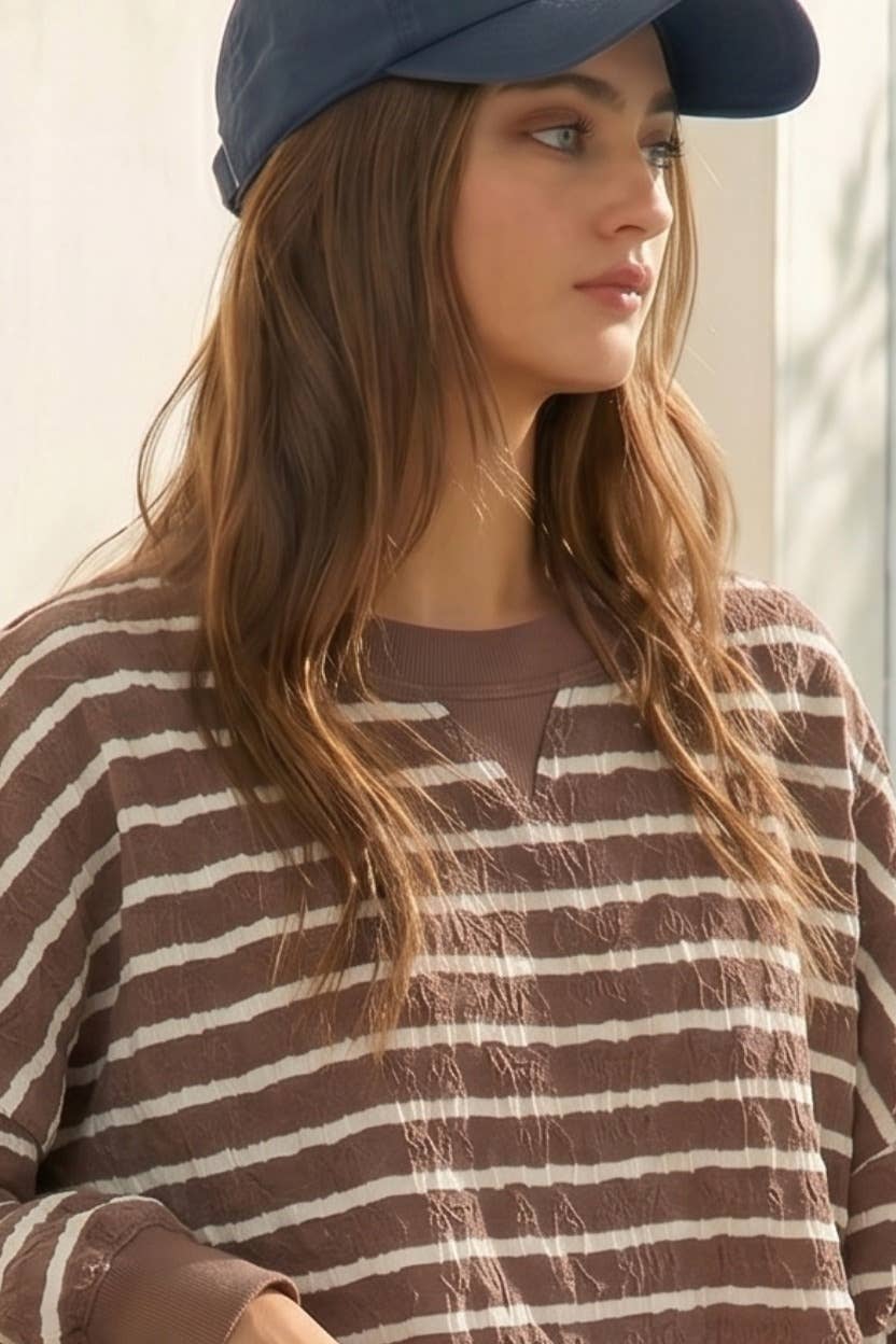 Relaxed Fit Textured Striped Pullover Top: Brown