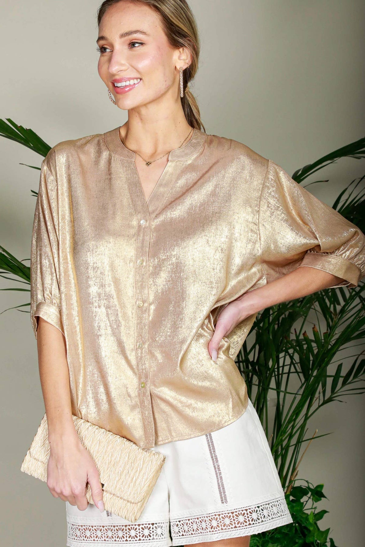 Henley Neckline Metallic Woven Top Gold