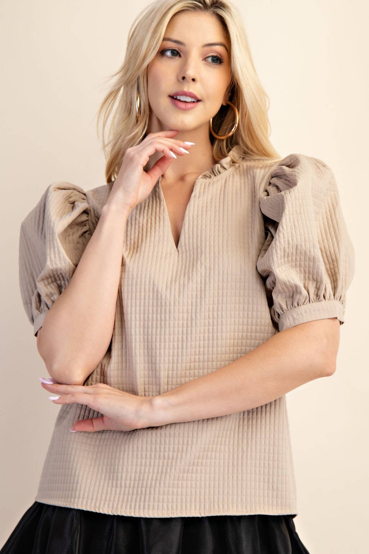 Puff Sleeve Ruffle V-Neck Textured Top: Beige
