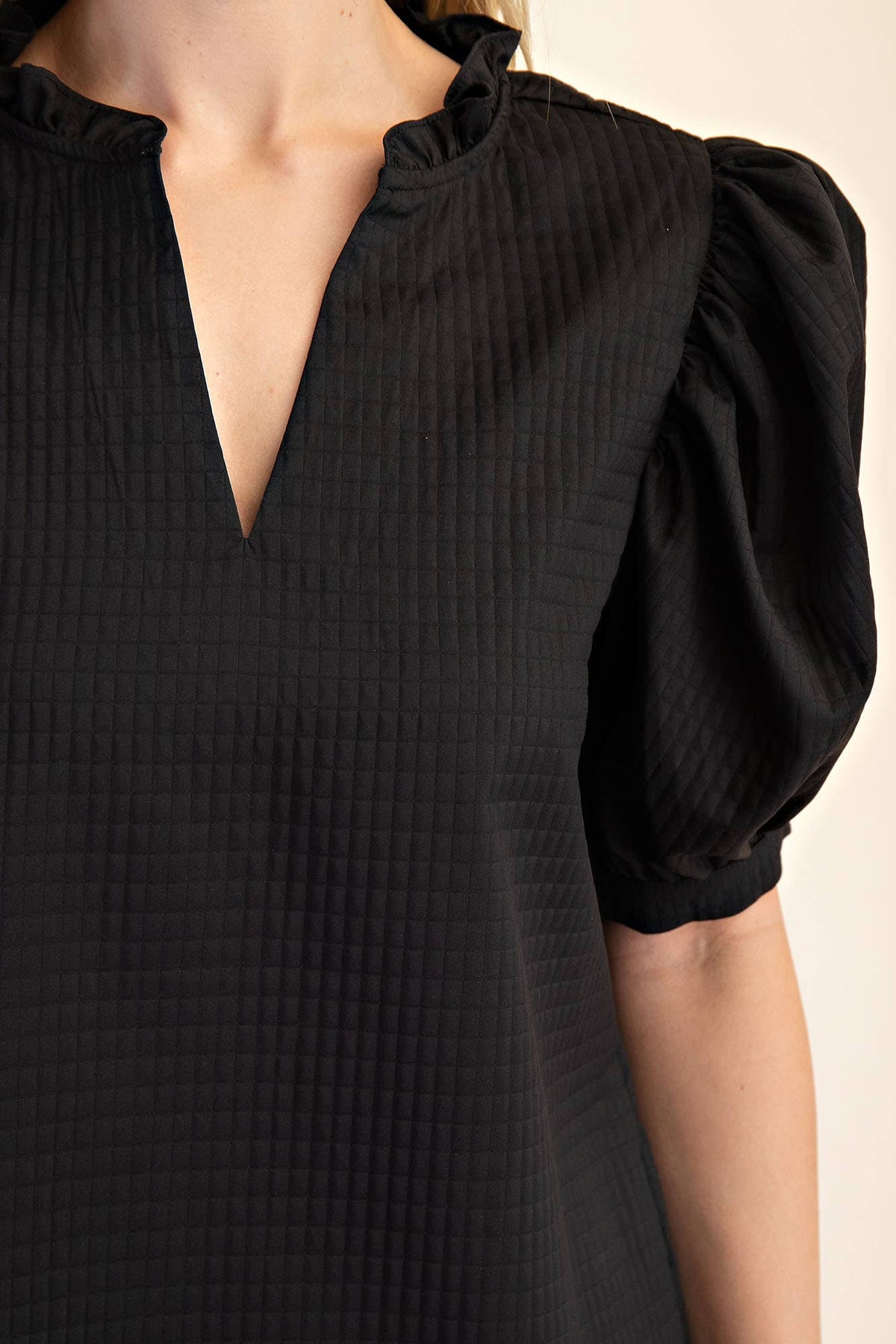 Puff Sleeve Ruffle V-Neck Textured Top: Beige