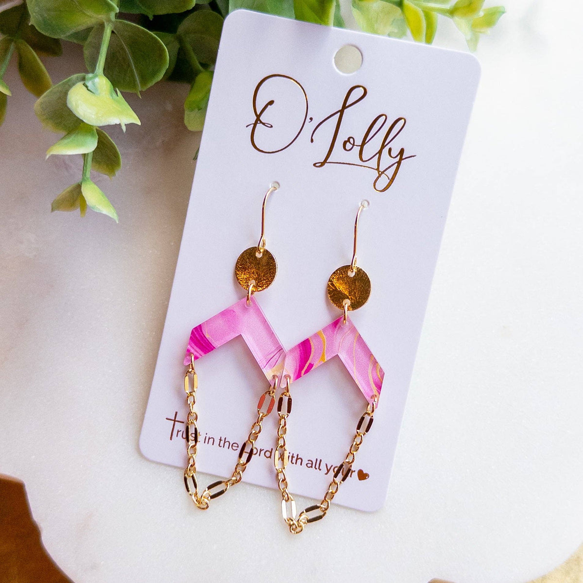 Pink Geo Chain Drop Earrings “Gia”