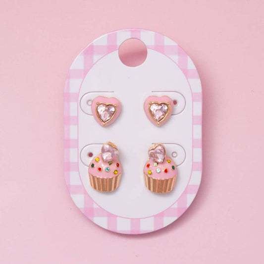 Pink Enamel Cupcake Studs and Heart Gem Stud Earring Set