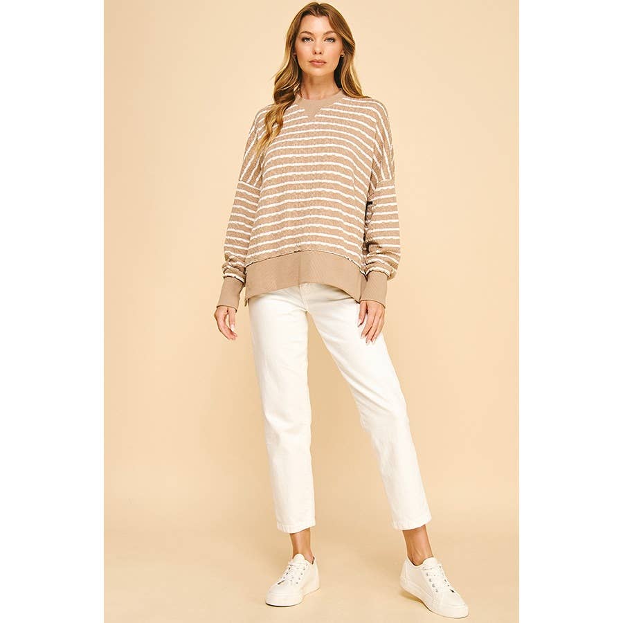 Relaxed Fit Textured Striped Pullover Top: Brown