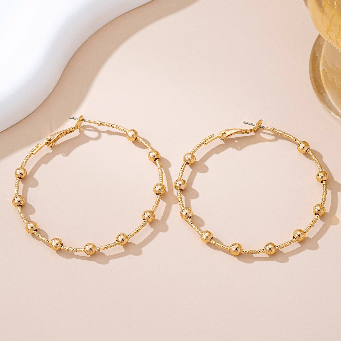 Classic Gold Ball Beaded Station Hoop Earrings | GOLD