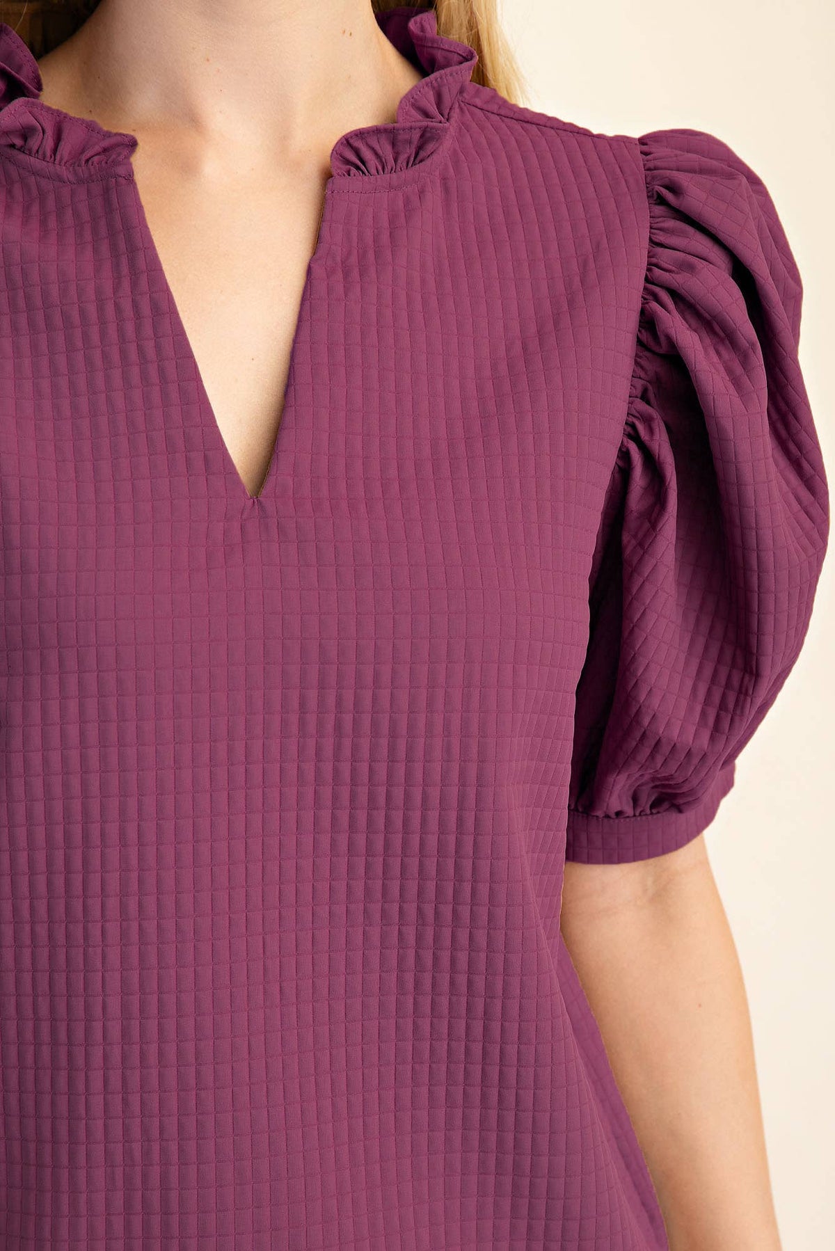 Puff Sleeve Ruffle V-Neck Textured Top: Beige