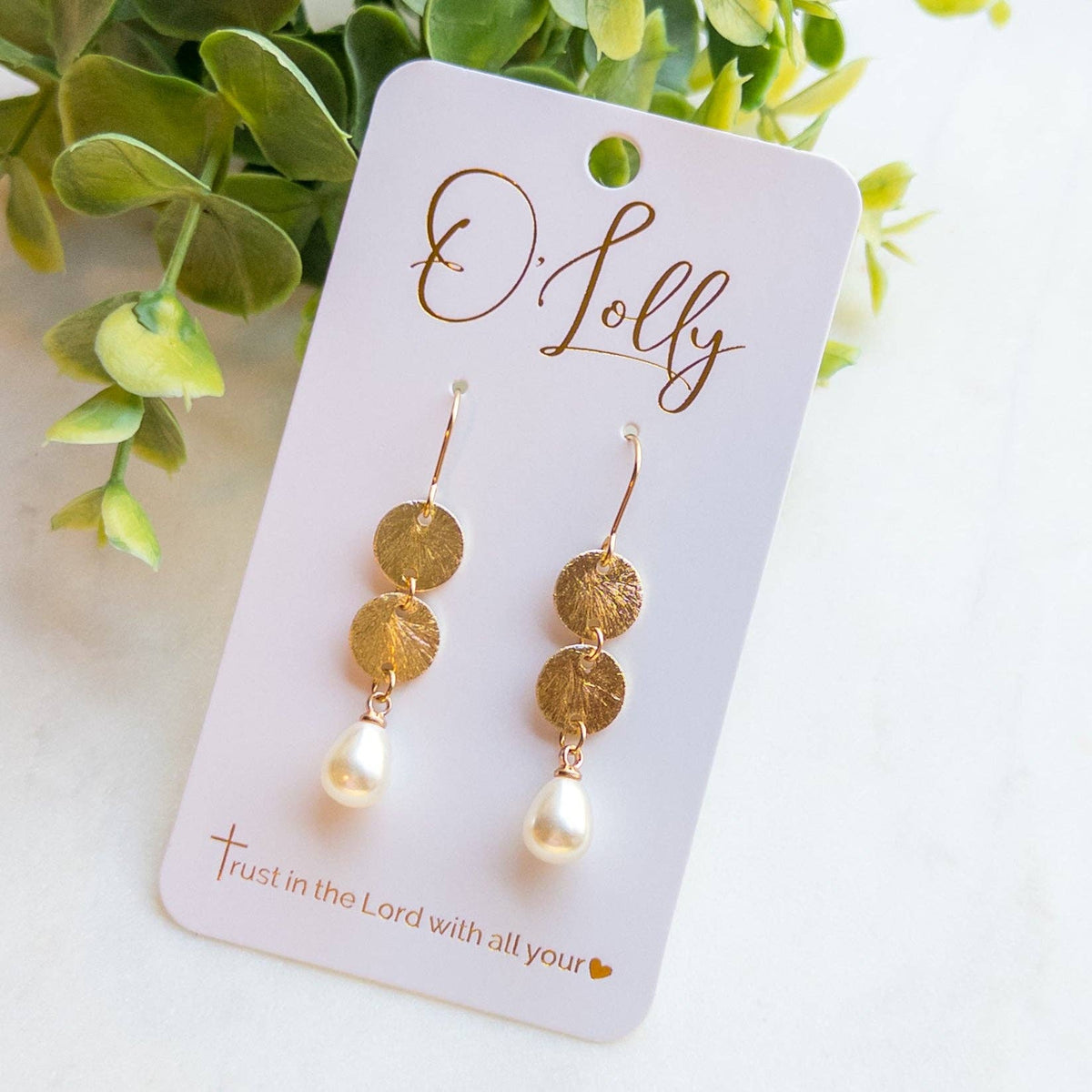 Gold Textured Discs w/Pearl Dangle Earrings “Kimberly”