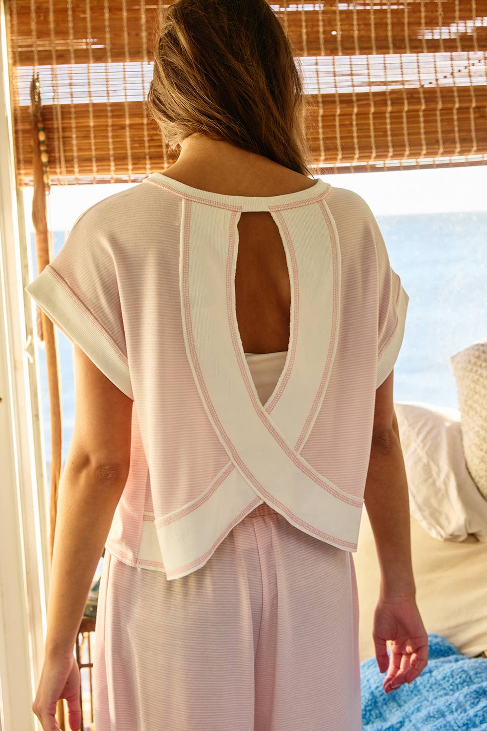 Overlap Open Back Reverse Stitch Stripe Crop Top: Pink