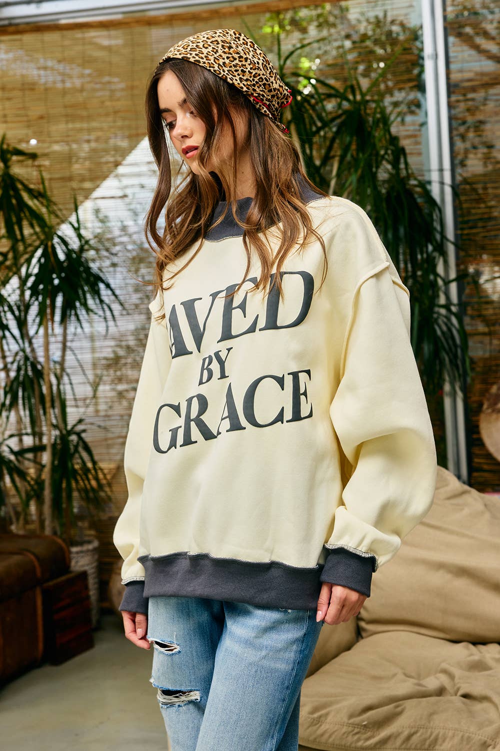 Saved by Grace Puff Print Sweatshirt: CREAM / PINK