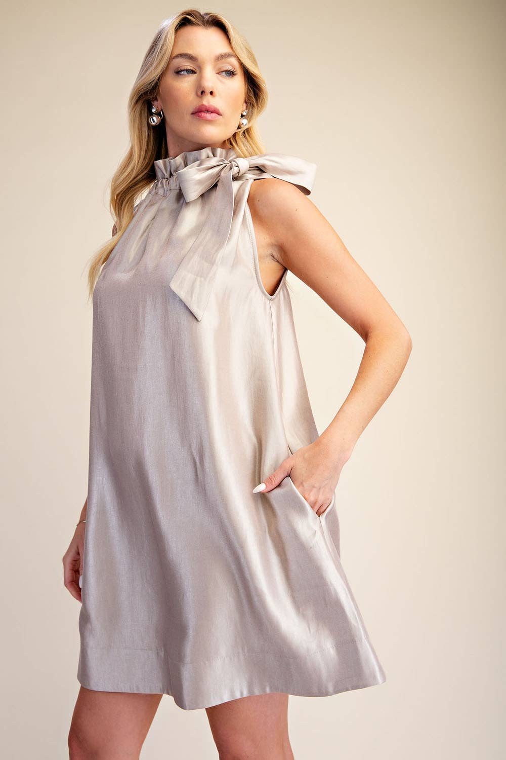 Ruffle Tie Neck Sleeveless Side Pocket Mini Dress: Champagne