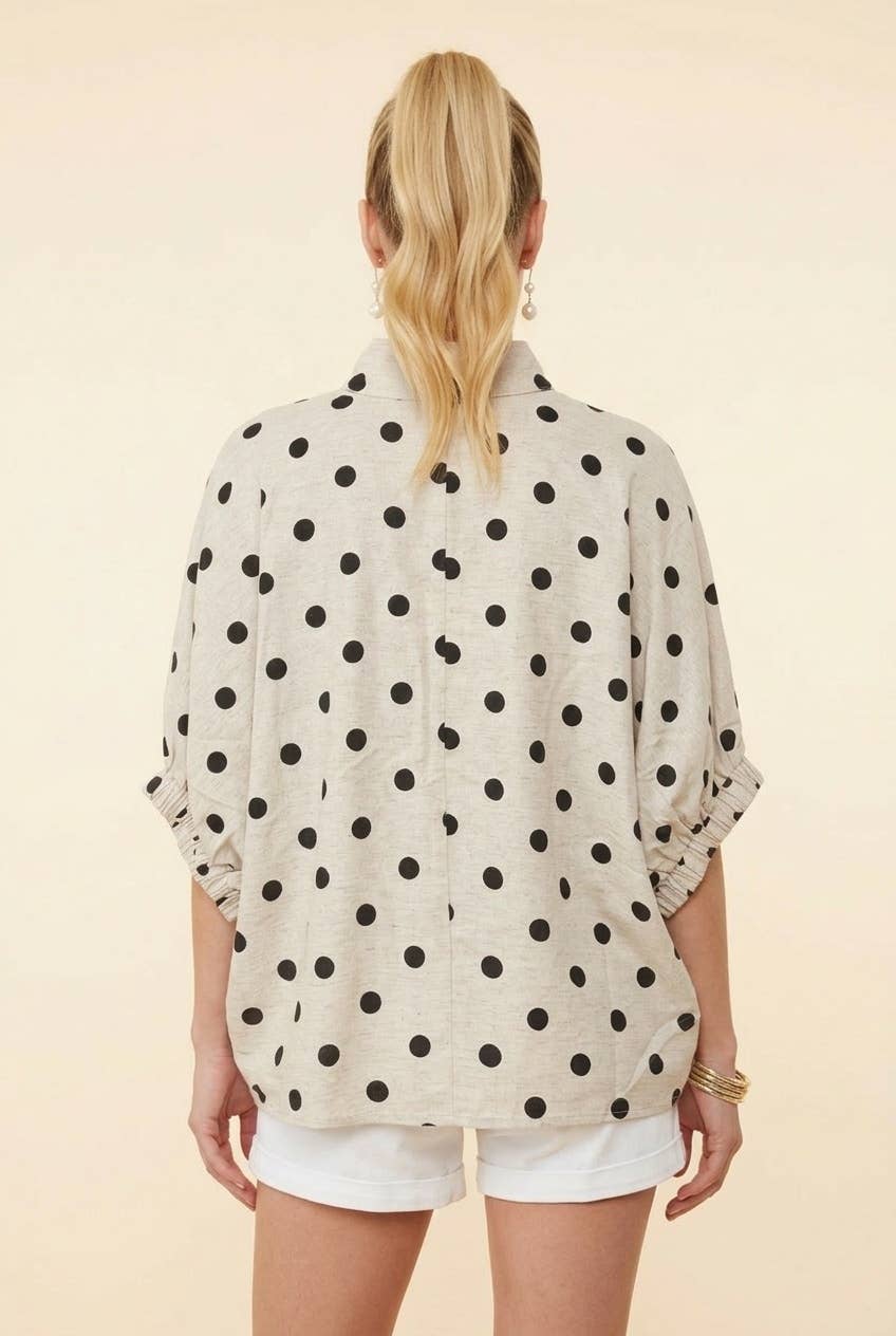 HT20528 Polka Dot Leopard Trim Dolman Sleeve Blouse: BLACK / 3-2-1(XL-1XL-2XL)