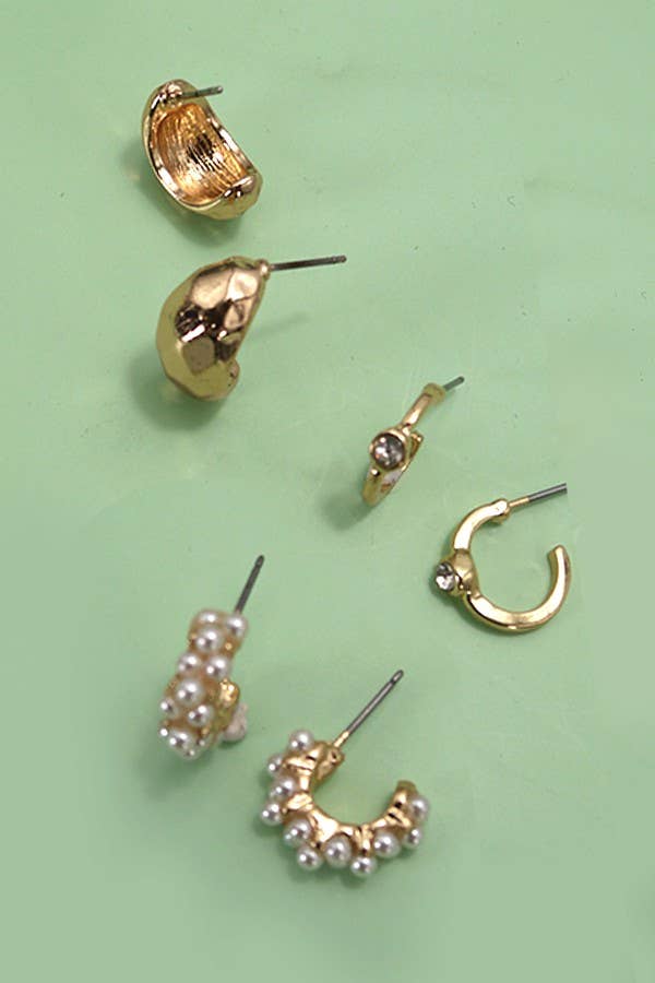 TRIO PEARL DIAMOND CUT HUGGIE HOOP EARRINGS Gold