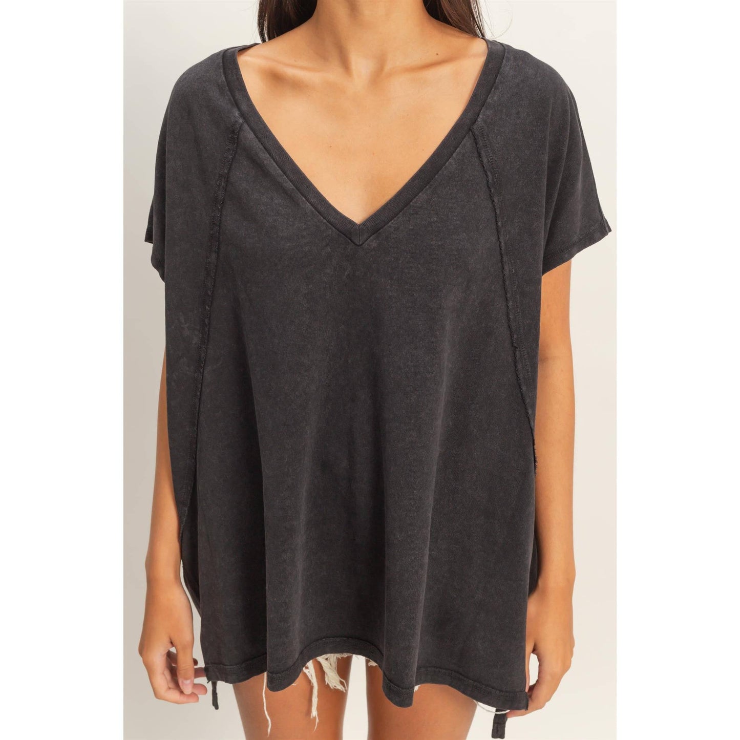Oversized V-Neck Mineral Washed Top: BLUE