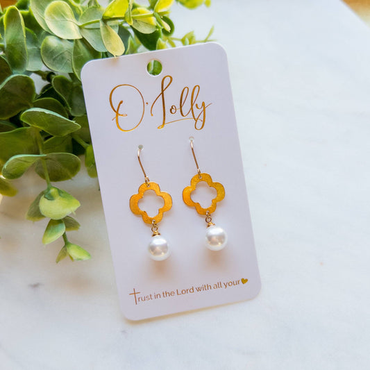 Gold Open Quatrefoil w/Pearl Dangle- “Terra”