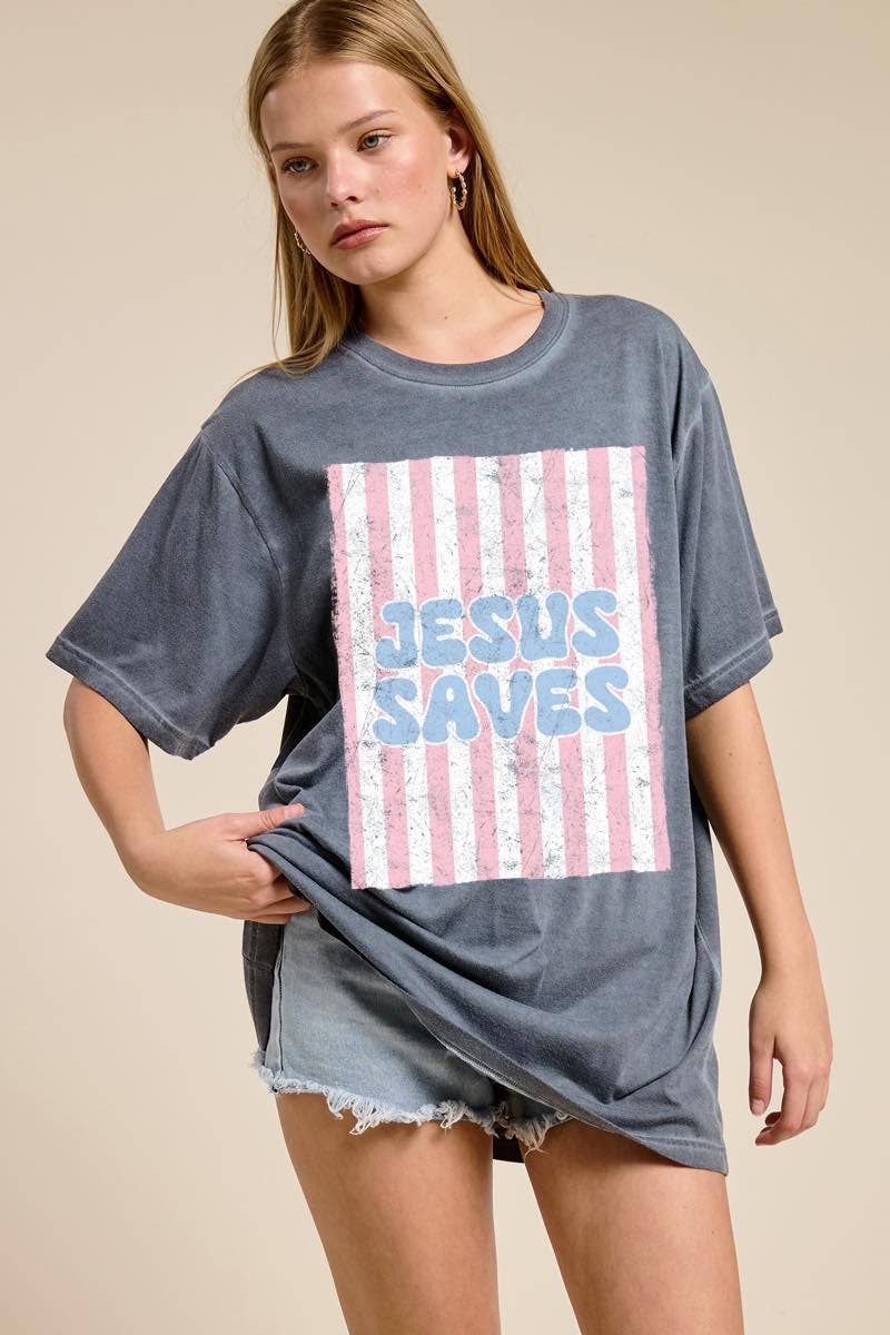 Jesus Saves Graphic S/S Lunar Dye Tee: BLUE