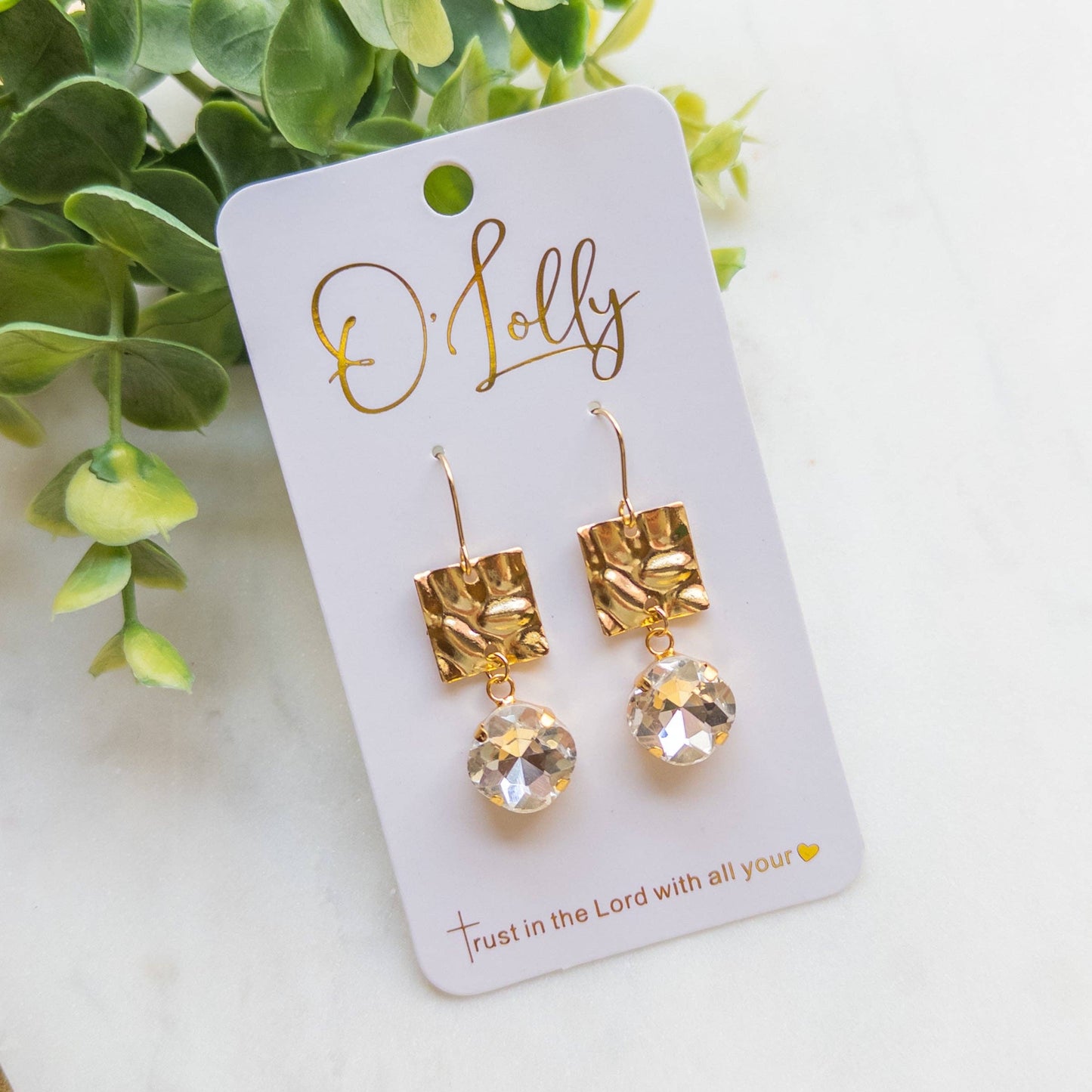Gold Textured Square Connector w/Clear Stone Dangle Earrings “Honey”