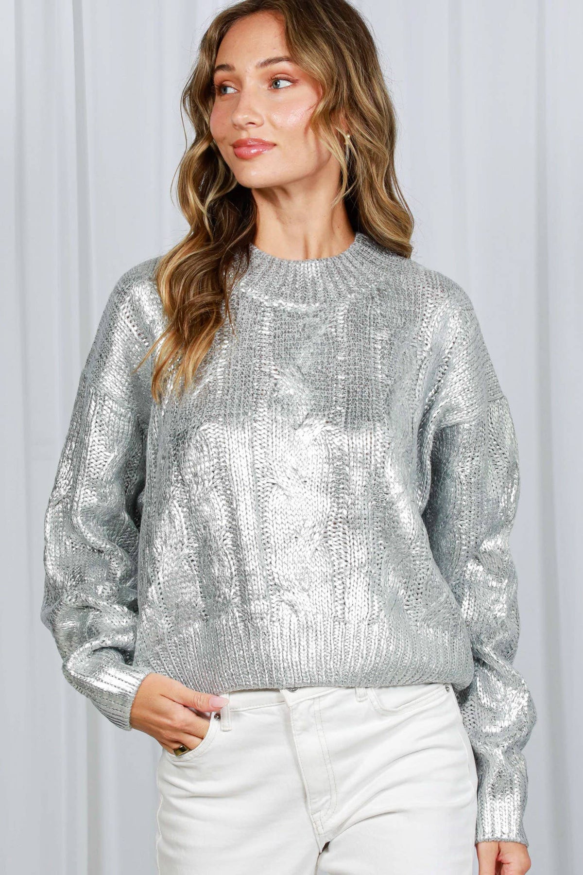 Metallic Foil Crew Neck Knitted Sweater Gold