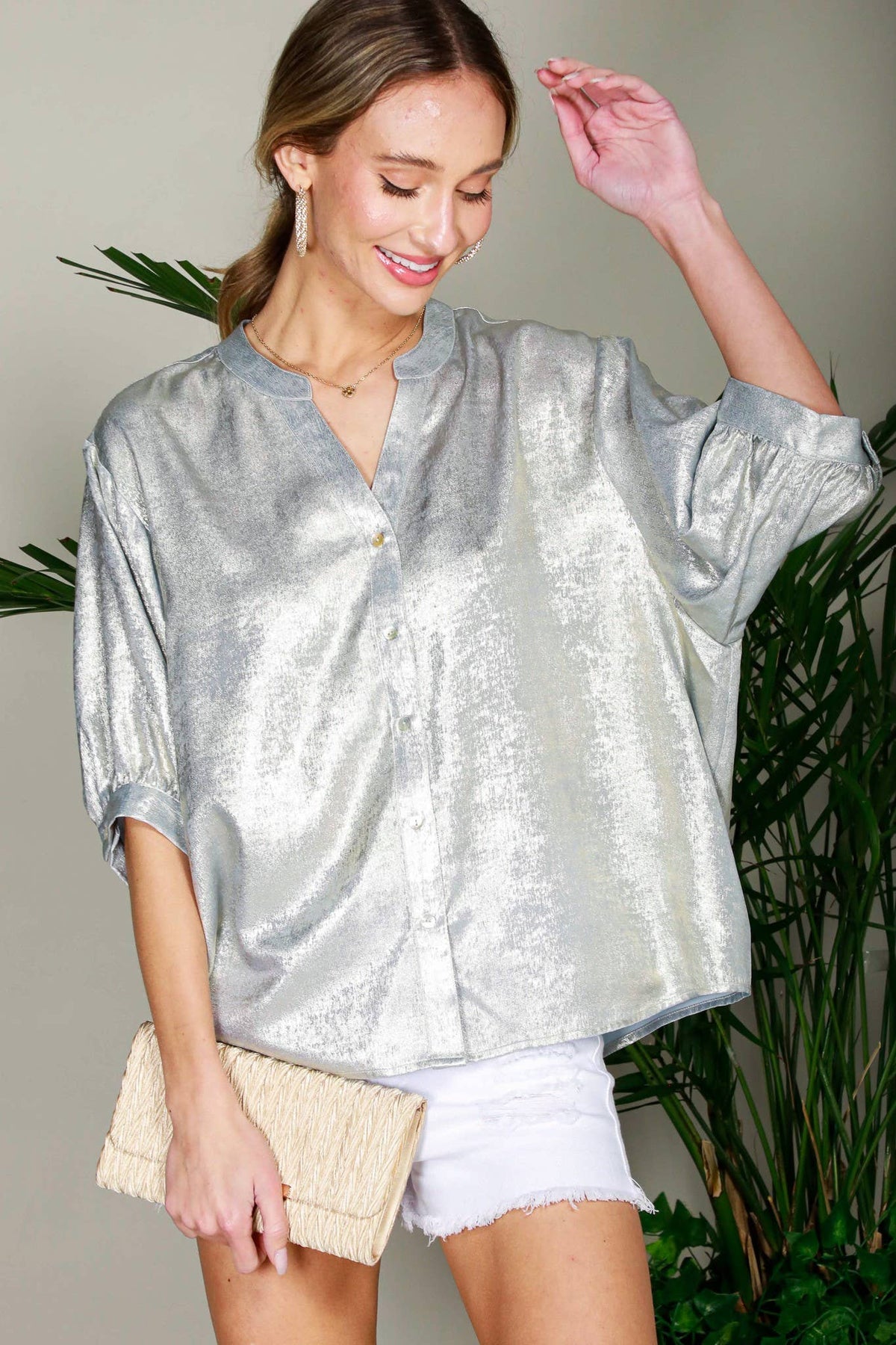 Henley Neckline Metallic Woven Top Gold