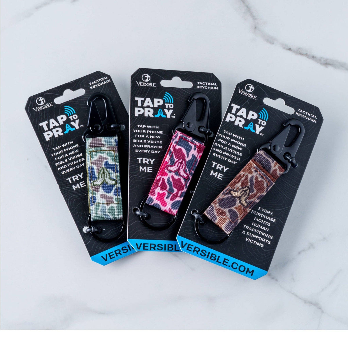 Tap To Pray® Tactical Carabiner Keychain: Moss Camo