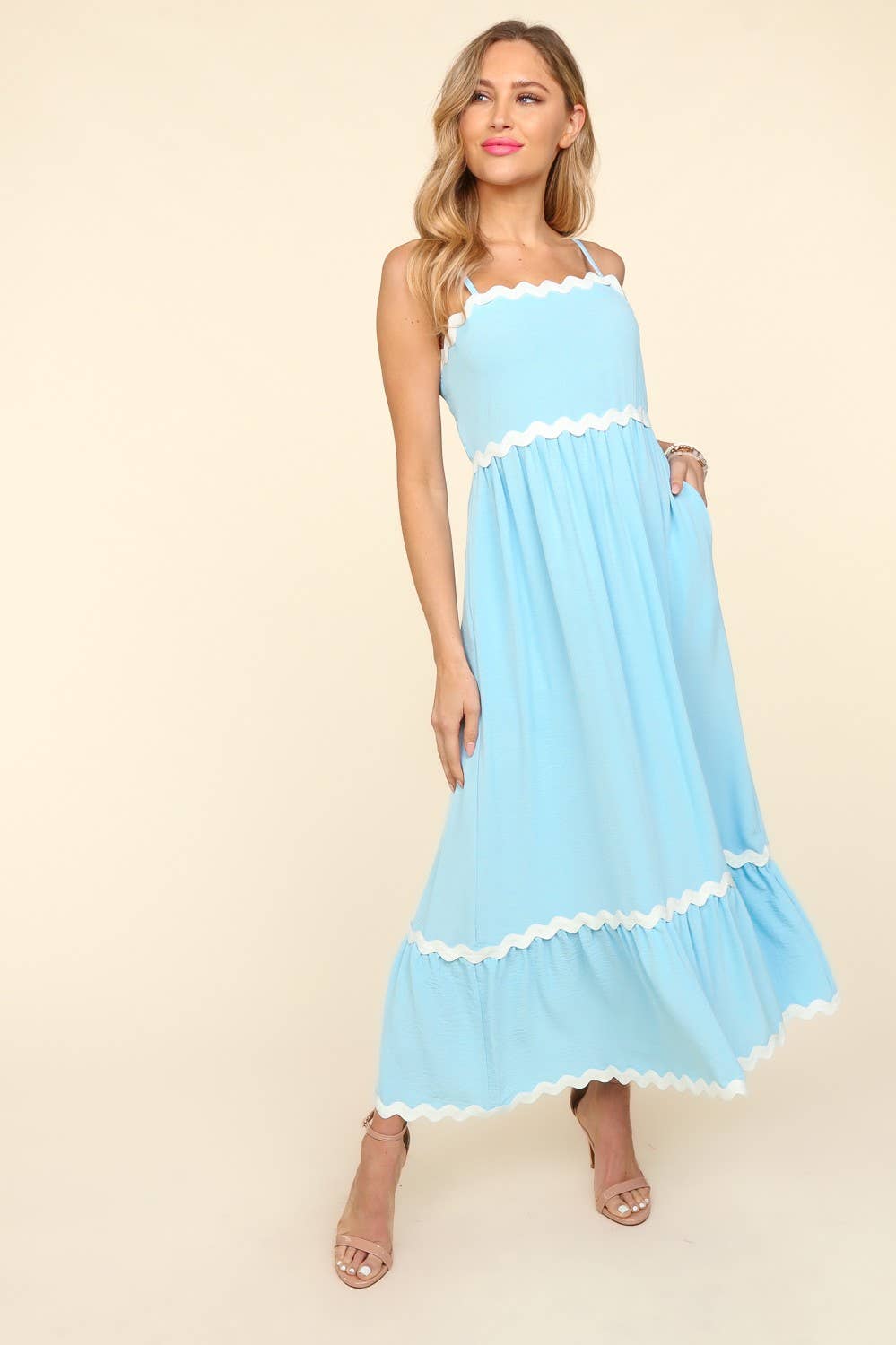 Square Neck Strap Adjust Fit and Flare Maxi :Light Blue