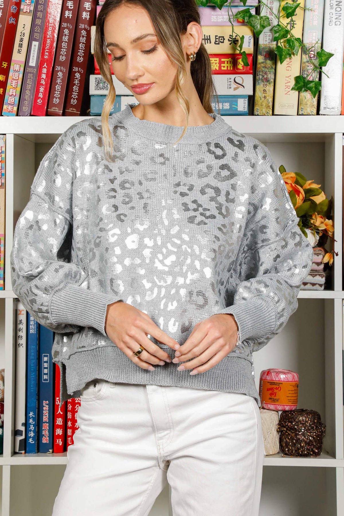 Leopard Foil Print Crew Neck Sweater Top Gold