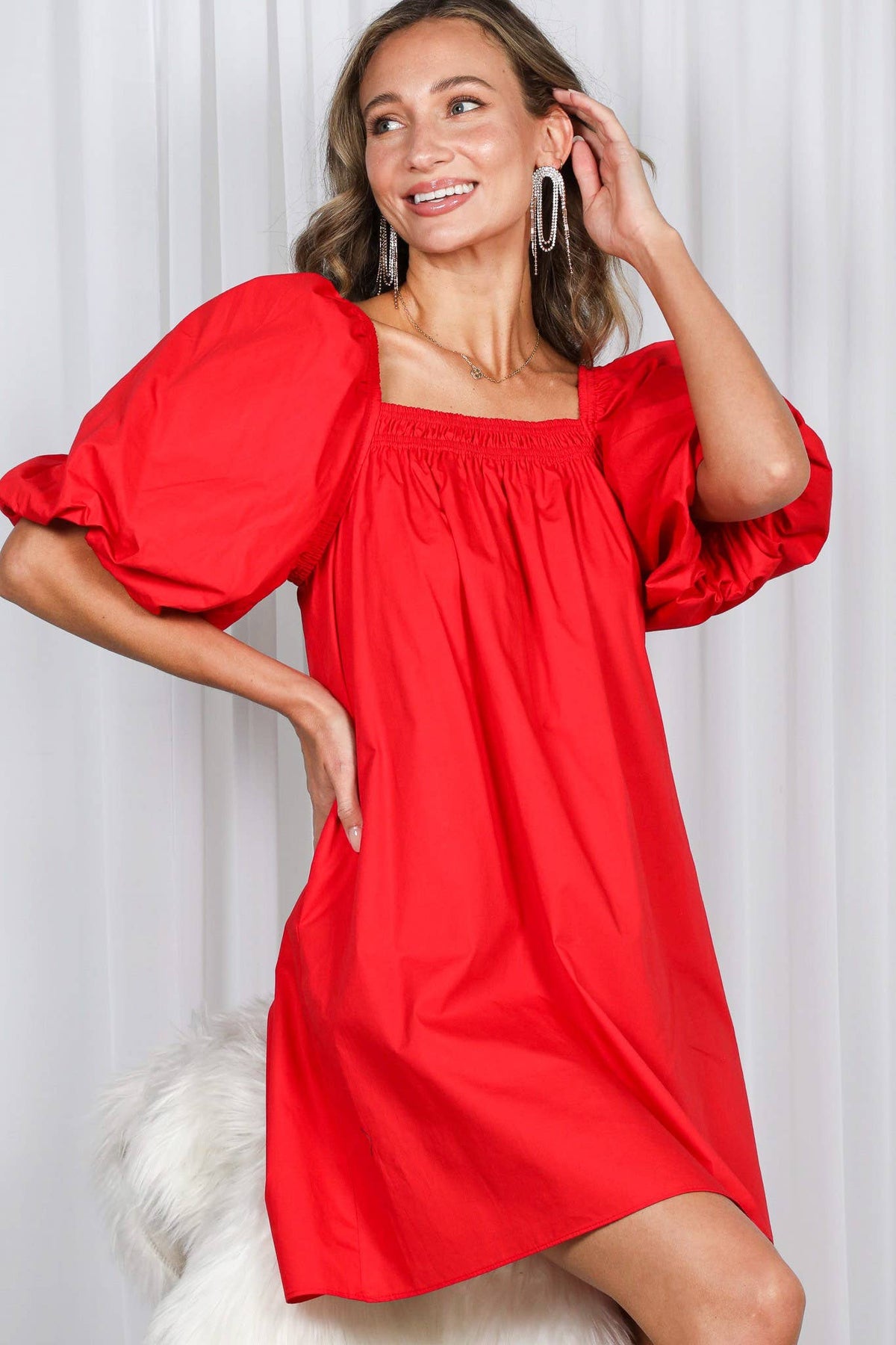 Casual Square Neck Dress Red