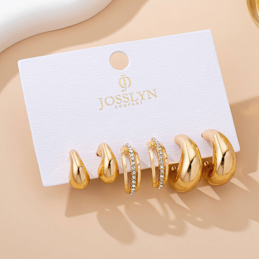 Chunky Hoop Rhinestone Trio Earring Set GOLD