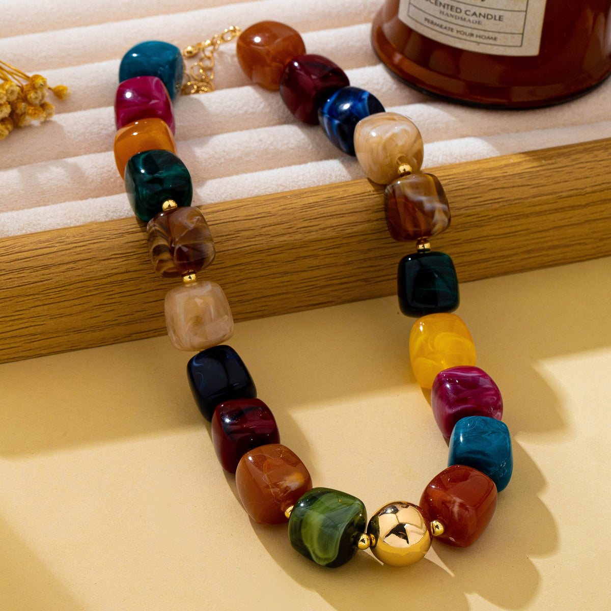 Multicolor Marbled Resin Bead Statement Necklace