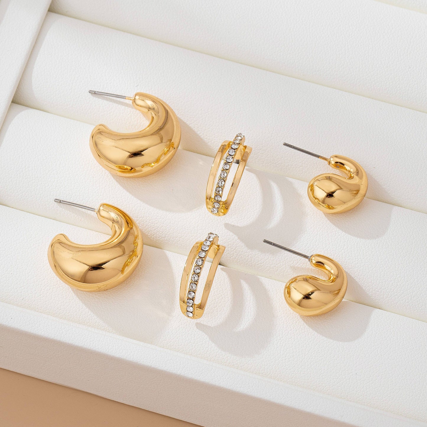 Chunky Hoop Rhinestone Trio Earring Set GOLD