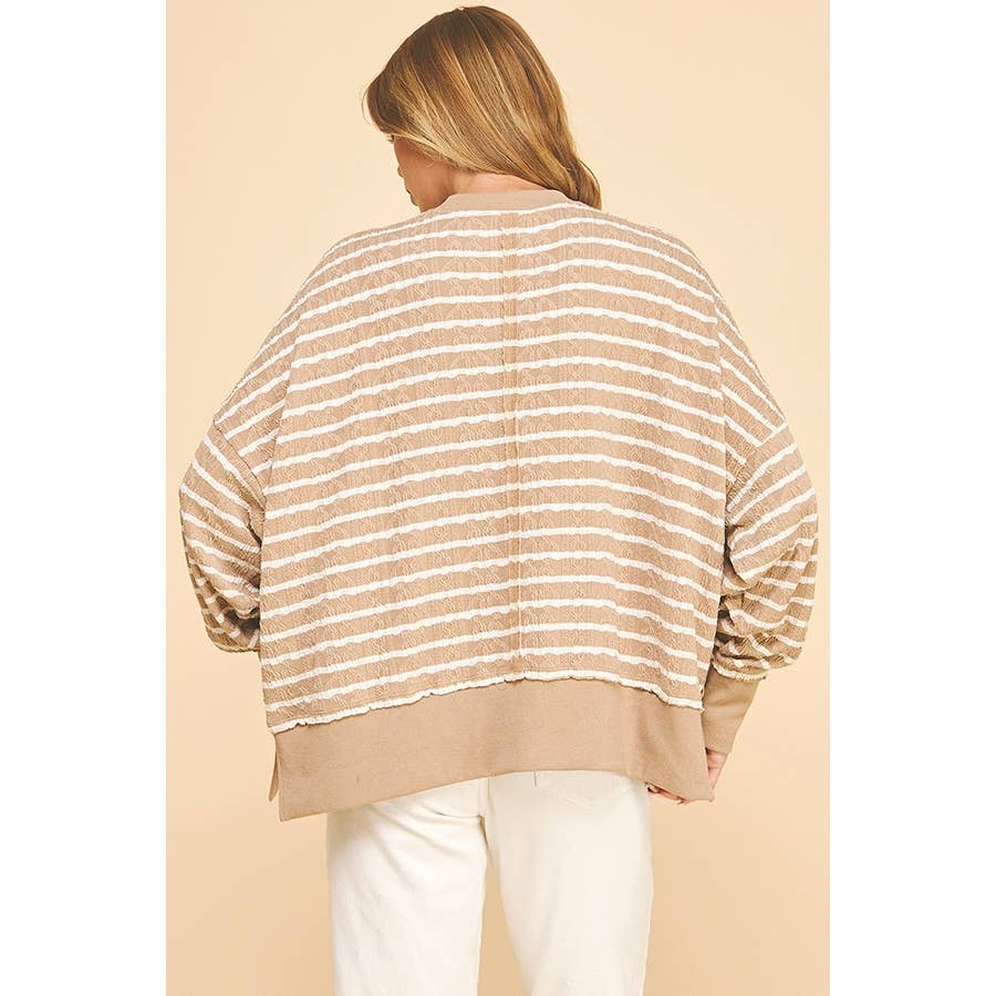 Relaxed Fit Textured Striped Pullover Top: Brown