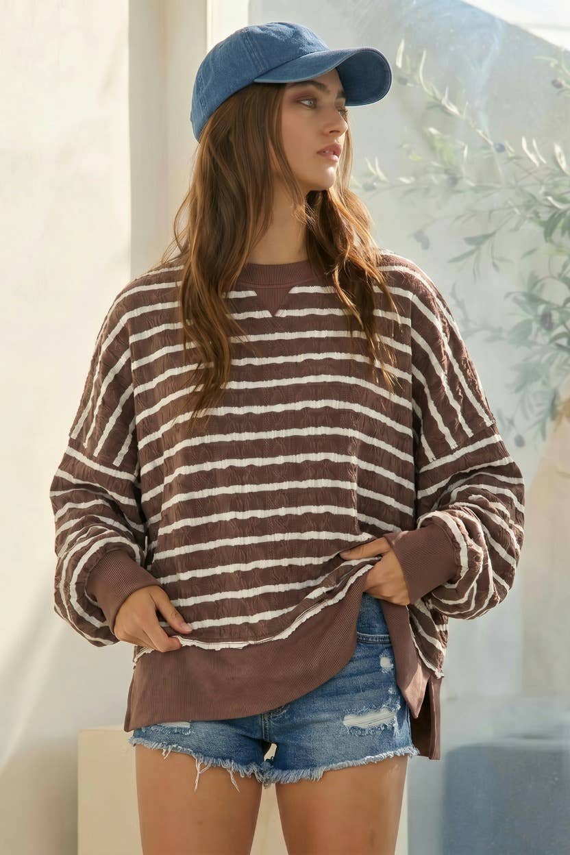 Relaxed Fit Textured Striped Pullover Top: Brown