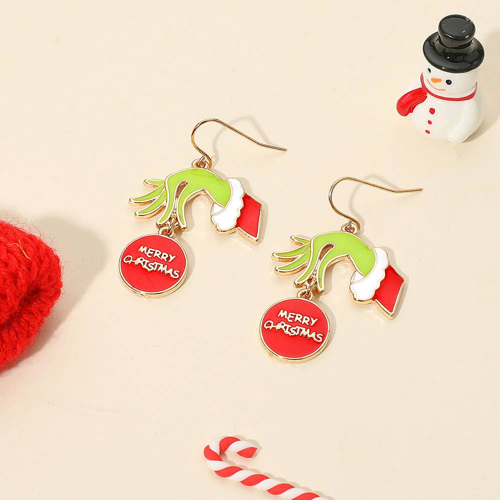 MERRY CHRISTMAS Message Ornament Green Monster Hand Dangle Earrings