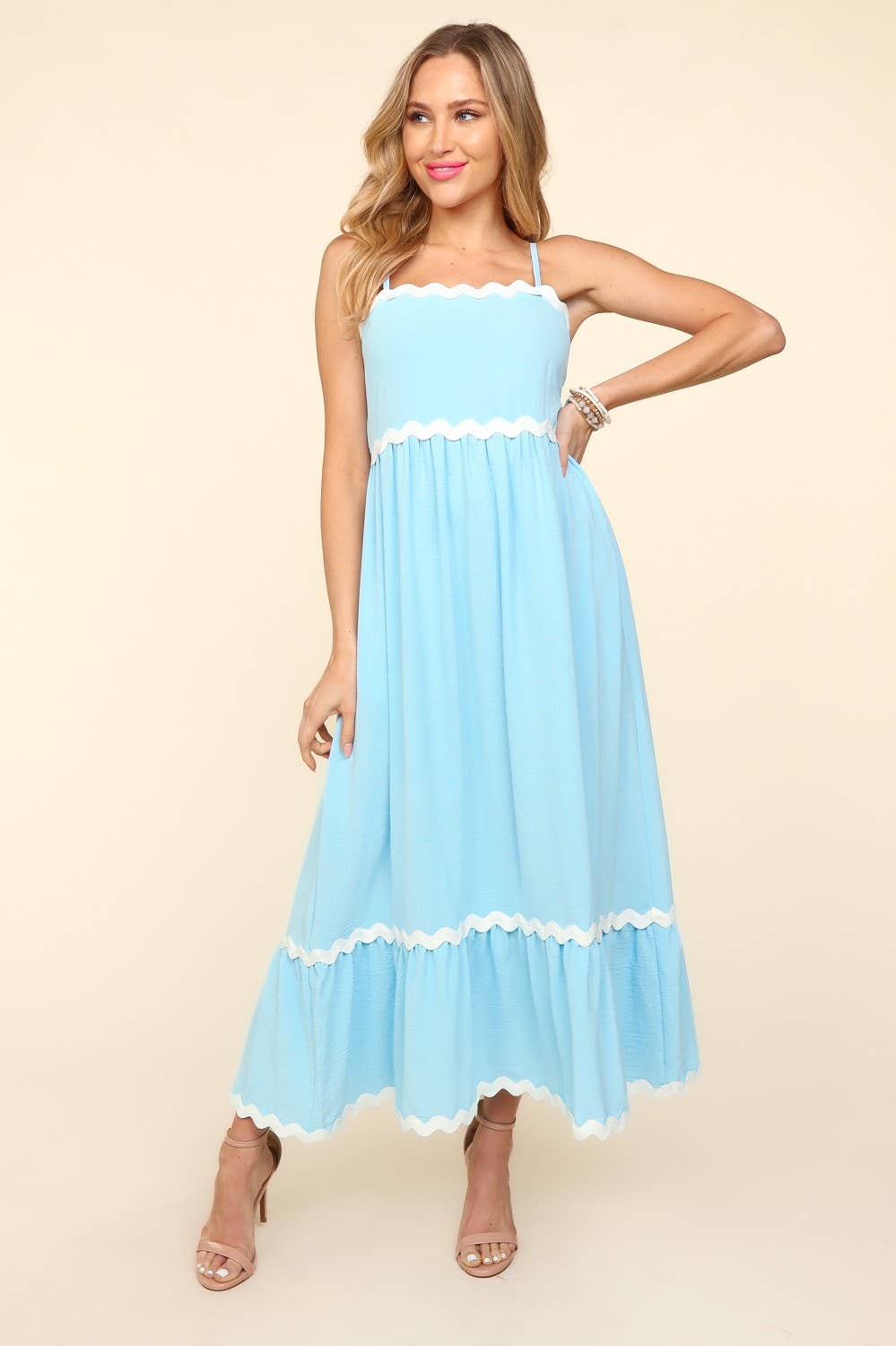 Square Neck Strap Adjust Fit and Flare Maxi :Light Blue